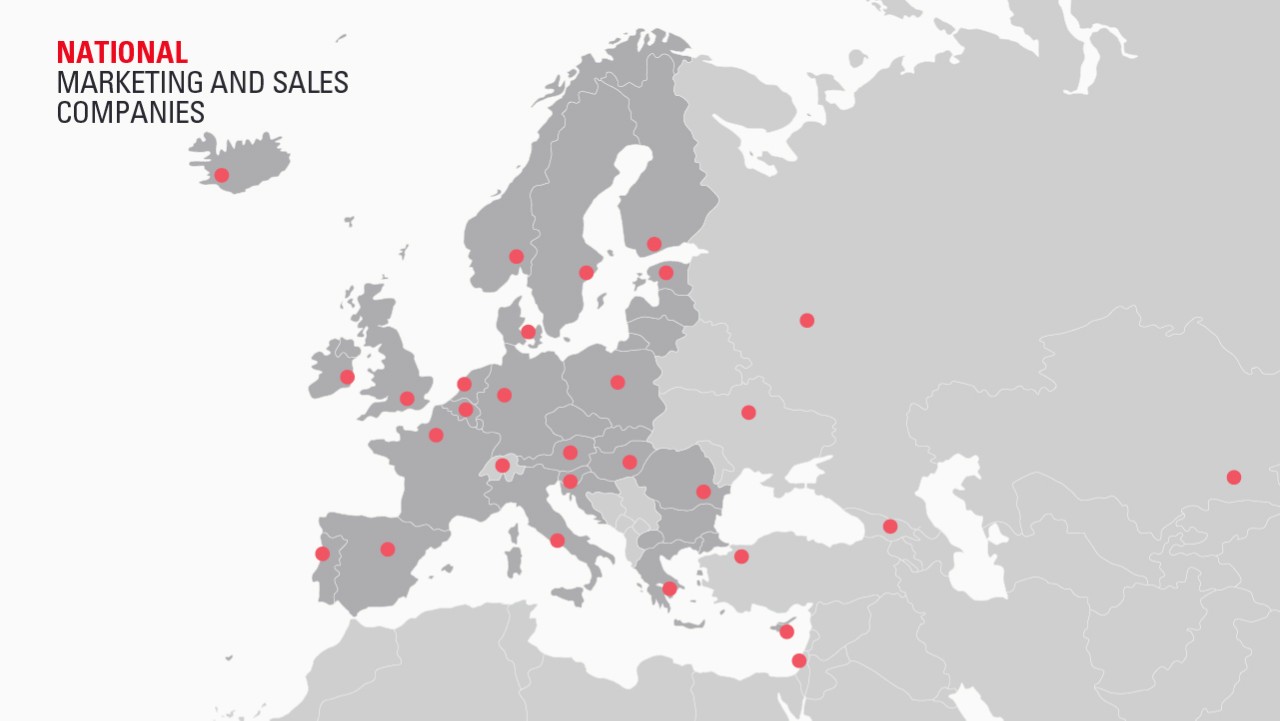 Infographic showing European  National Marketing and Sales Companies on map