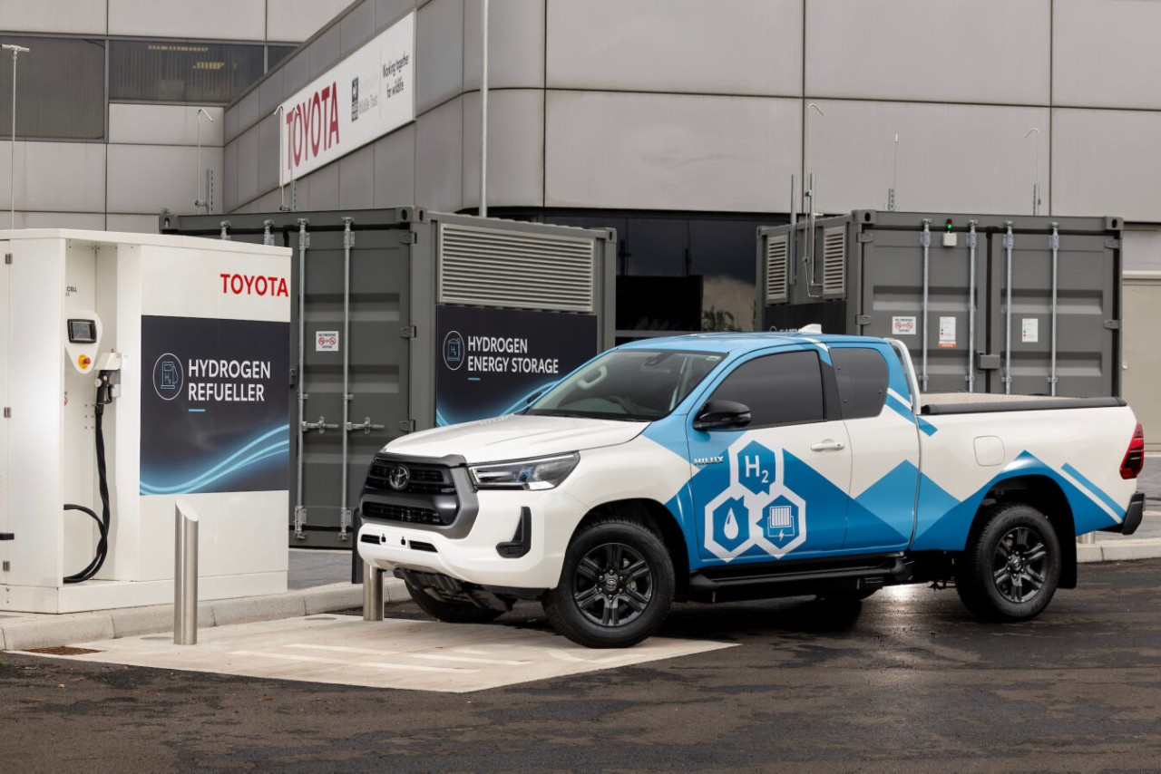 : Toyota Hydrogen Hilux in a hydrogen fuel station